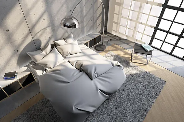 Arquitectura interio: Un dormitorio renderizado con V-Ray con texturas, sombras y luces