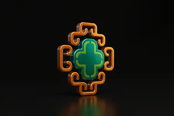 Render hecho en V-Ray del logo de la empresa Ruwana con textura metálica, reflejos, luces, brillos sobre la superficie y sombras.